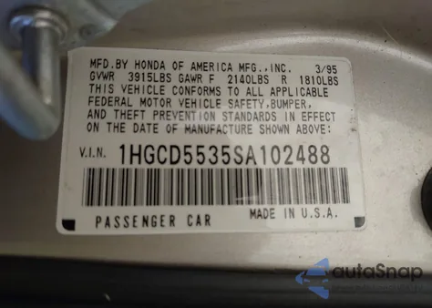 1995 Honda Accord Lx/Ex z USA, uszkodzony, nr VIN 1HGCD5535SA102488